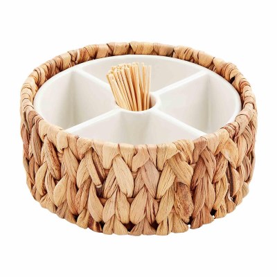 7" Round Five Compartment Dish Inside a Woven Holder by Mud Pie