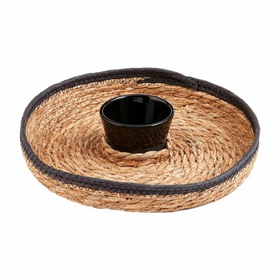 12" Round Natural and Black Woven Chip Basket With a Dip Bowl by Mud Pie