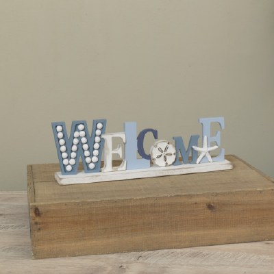 14" Blue and WHite "Welcome" Sign