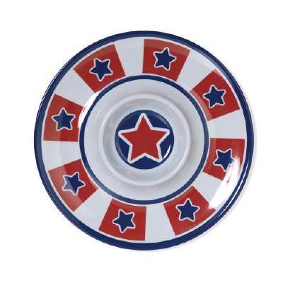 15" Round Red, White, and Blue Melamine Chip and Dip Dish