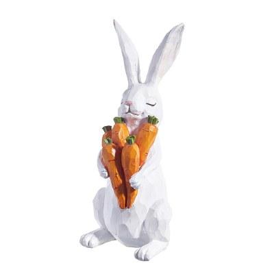 11" White Polyresin Bunny Holding Carrots Statue