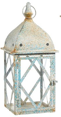 16" Blue and Rust Metal and Glass Lantern