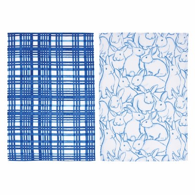 Set of Two 27" x 18" Reversible Blue Bunny and Plaid Kitchen Towels