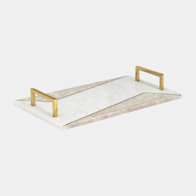 9" x 15" White and Tan Marble Tray With Gold Handles