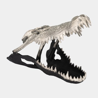 11" Silver and Black Metal Alligator Skull