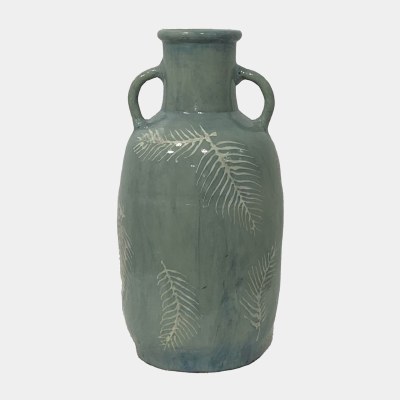 23" Green Palm Frond Ceramic Vase With Handles