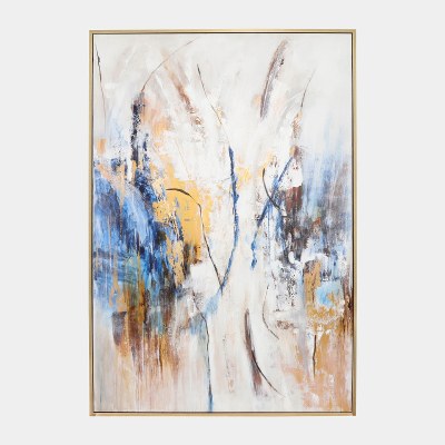 74" x 50" Blue, Taupe, and White Abstract Canvas in a Gold Frame