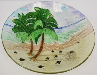 18" Round Glass Palm Trees and Sea Turtle Hatchlings Bowl