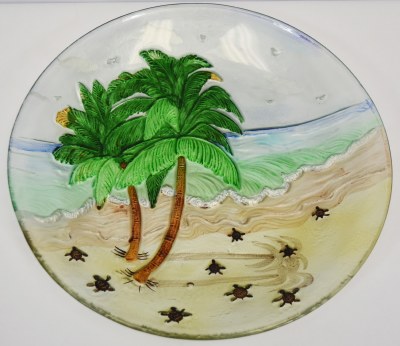 12" Round Glass Palm Trees and Sea Turtle Hatchlings Platter