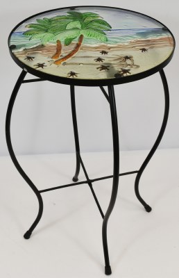 12" Round Palm Trees and Sea Turtle Hatchlings Glass End Table