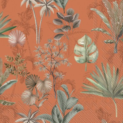 5" Square Tropical Leaves on Terracotta Beverage Napkins