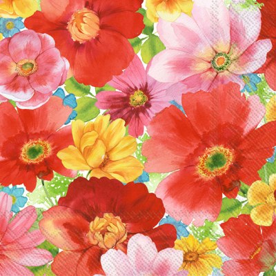 5" Square Red, Pink, and Yellow Flowers Beverage Napkins