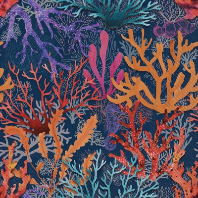 5" Square Multicolor Coral on Navy Beverage Napkins