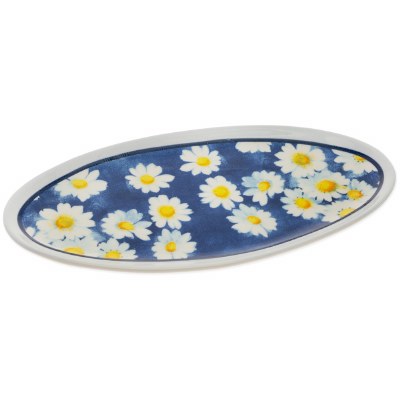 10" Oval White Daisies on Blue Platter