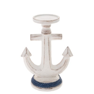 10" Distressed White and Blue Anchor Pillar Candleholder