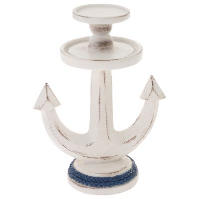 12" Distressed White and Blue Anchor Pillar Candleholder