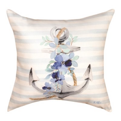 18" Sq Anchor and Blue Flowerrs Decorative Indoor/Outdoor Pillow