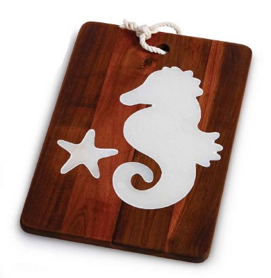 14" x 10" Wood and White Marble Seahorse Serving Board