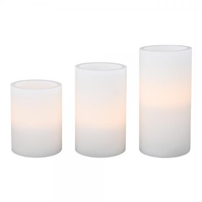 Set of Three LED White Ribbed Pillar Candles