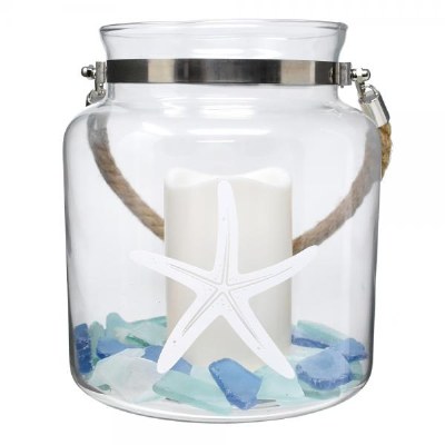 8" Starfish Lantern With an LED Pillar Candle and Seaglass Filler