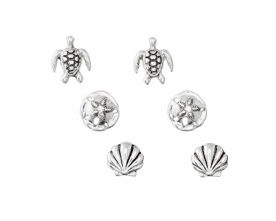 Set of Three Distressed Silver Toned Turtle, Sand Dollar, and Scallop Shell Earrings