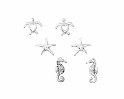 Set of Three Silver Toned Turtle, Seahorse, and Starfish Earrings