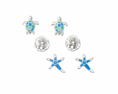 Set of Three Silver Toned and Blue Turtle, Starfish, and Sand Dollar Earrings