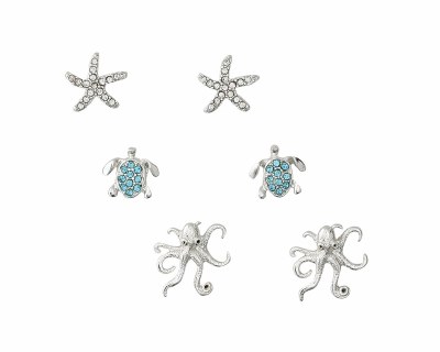 Set of Three Silver Toned Starfish, Turtle, and Octopus Earrings