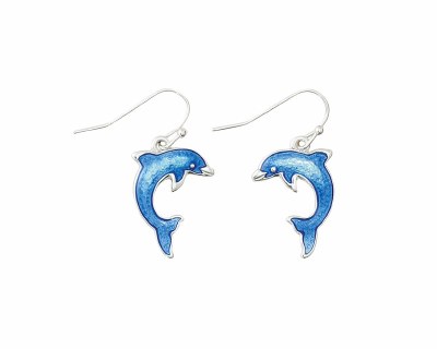 Silver Toned and Blue Dolphin Earrings