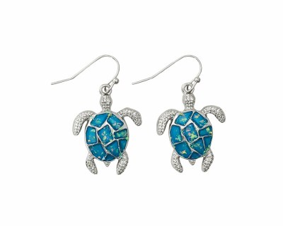 Silver Toned and Blue Turtle Earrings