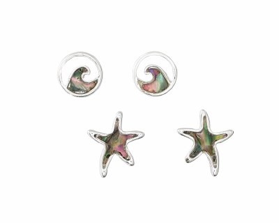 Set of Two Silver Toned Abalone Wave and Starfish Earrings