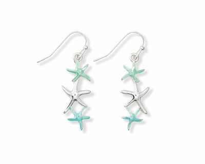 Silver Toned and Aqua Three Starfish Earrings