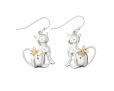 Silver and Gold Toned Cat Earrings