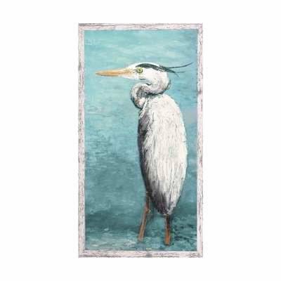 25" x 13" White Egret on an Aqua Water Background 1 Gel Print in a Distressed White Frame