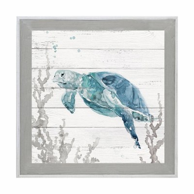 31" Sq Blue Sea Turtle on Slats 1 Gel Print in a Graywash Frame