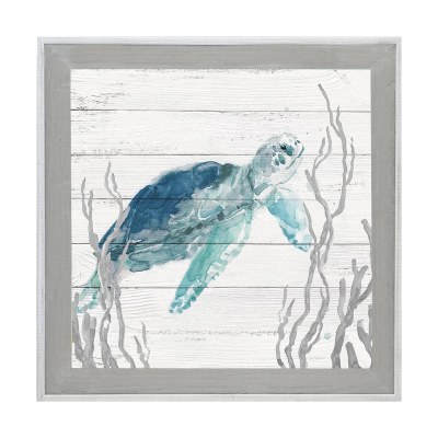 31" Sq Blue Sea Turtle on Slats 2 Gel Print in a Graywash Frame