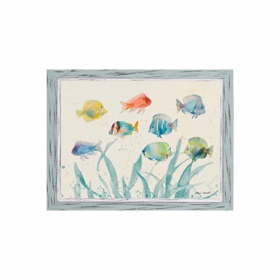 22" x 26" Eight Multicolor Fish Gel Textured Print in a Distressed Green Frame