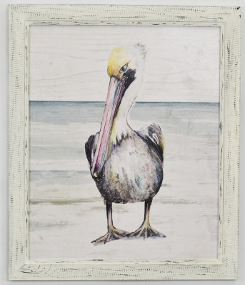 26" x 22" Pelican Portrait Gel Print in a Distressed White Frame