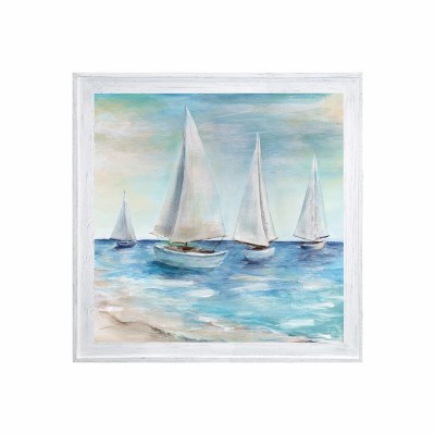 43" Sq Four White Sailboats Gel Print in a White Wash Frame
