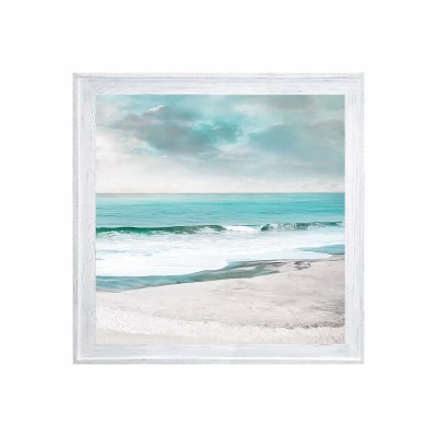 43" Sq Beach Scene With a Blue Sky and Blue Waters Gel Print in a White Wash Frame