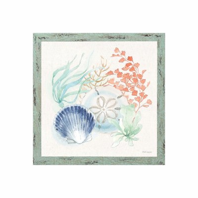 28" Sq Multipastel Sea Shells and Seaweed 1 Gel Print in a Distressed Frame