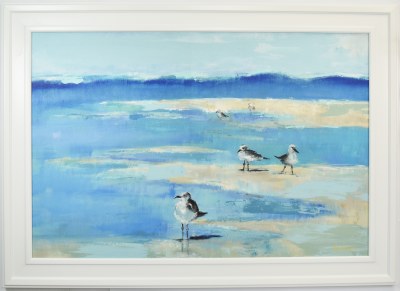 37" x 52" Shorebirds on a Blue Beach Coastal Gel Print in a White Frame