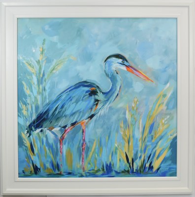 43" Sq Blue Heron on a Blue Background Coastal Gel Print in a White Frame