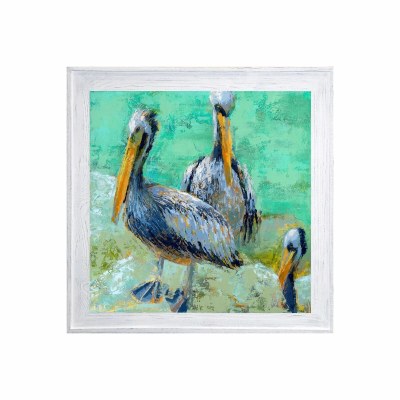 43" Sq Three Pelicans on a Green Background Gel Print in a White Wash Frame