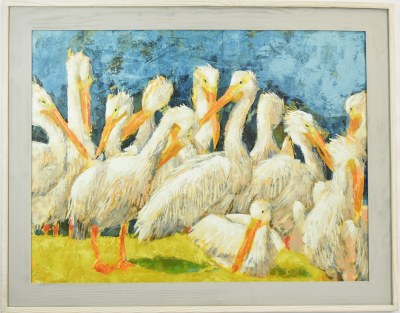 36" x 46" White Pelicans Gel Print in a Graywash Frame