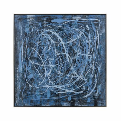 40" Sq Light Blue Drizzle and on Dark Blue Framed Canvas