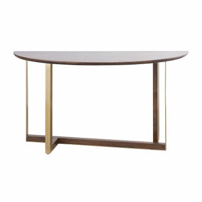 56" Brown Wood and Brass Half Round Console Table