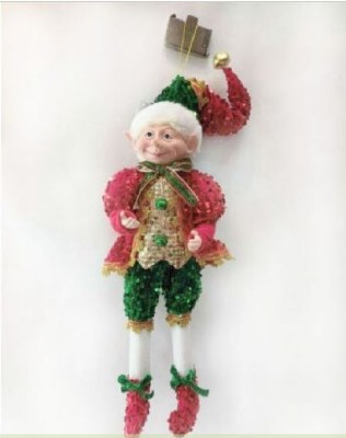 17" Red, Green, and, Gold Sequin Elf Statue