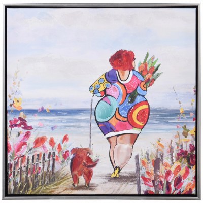 17" Sq Multicolor Lady and Dog on the Beach Framed Canvas