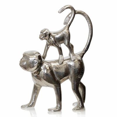 11" Silver Metal Monkey With Baby On It's Back